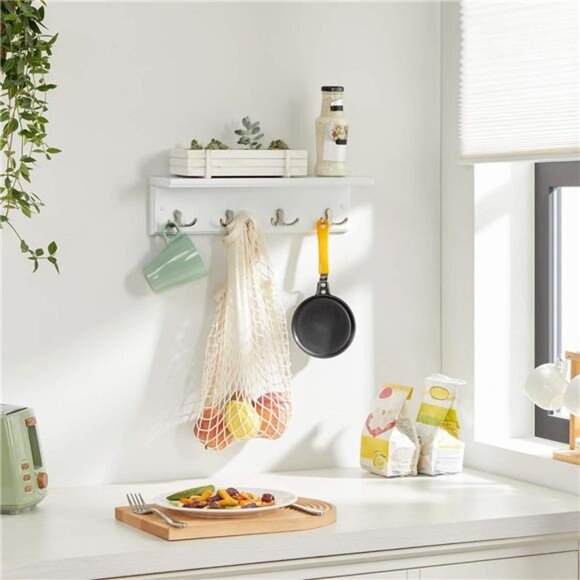 Wall-Mounted Hanging Coat Rack with Wooden Shelf, 4 Double Hooks - Picture 2 of 7